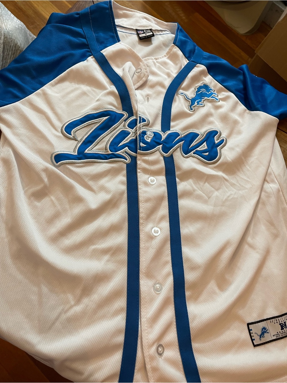 NFL Detroit Lions White and Blue Button-Up Jersey